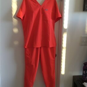 FIGS Coral Orange Scrub Top & Jogger Pants